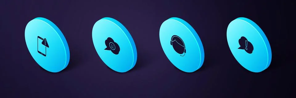 Set Isometric Speech bubble Exclamation, Man with headset, sad smile and Mobi Stock Illustration