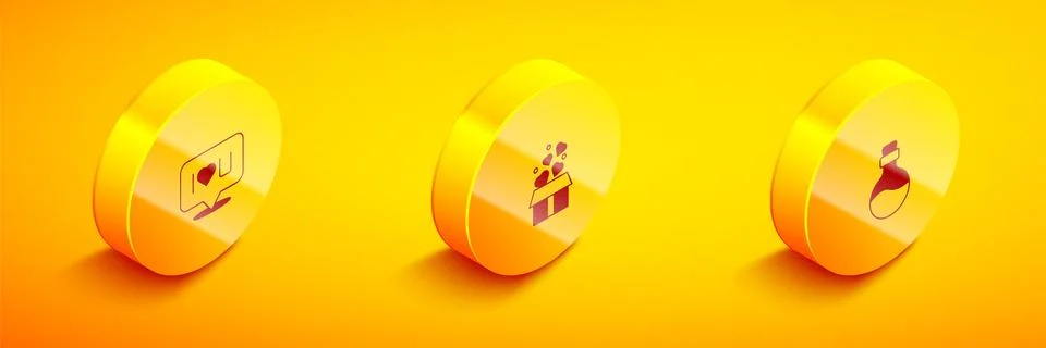 Set Isometric Speech bubble text I love you, Gift box with hearts and Bottle Stockillustratie