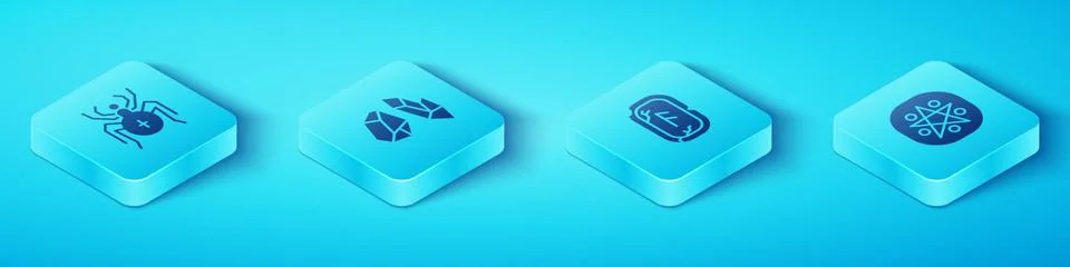 Set Isometric Spider, Magic stone, Pentagram in circle and runes icon. Vector Stock Illustration