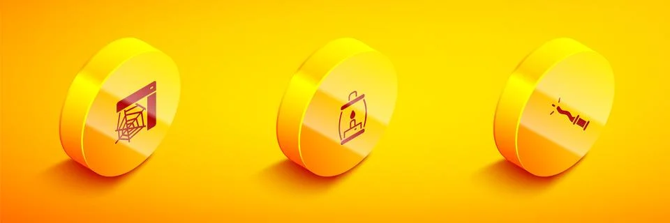 Set Isometric Spider web, Camping lantern and Magic wand icon. Vector 스톡 일러스트