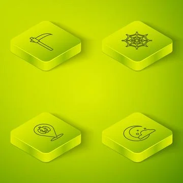 Set Isometric Spider web, Pumpkin, Moon and stars and Scythe icon. Vector Stock Illustration