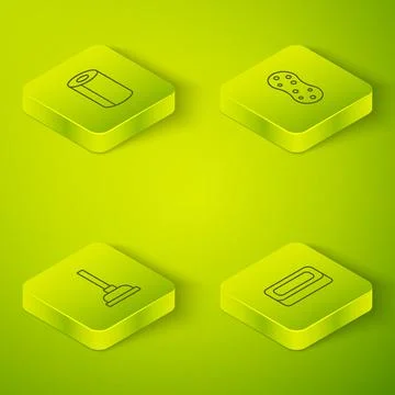 Set Isometric Sponge, Rubber plunger, Bar of soap and Paper towel roll icon Stock Illustration