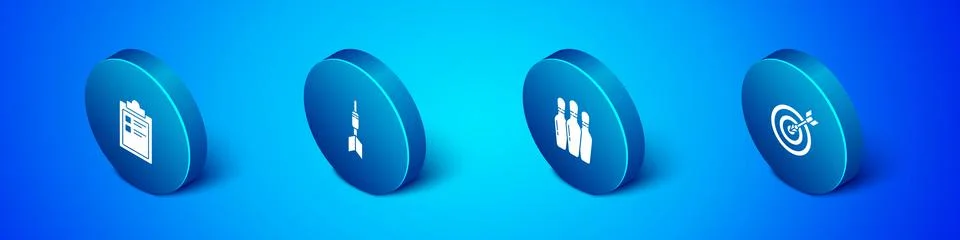 Set Isometric Sport training program, Bowling pin, Target with arrow and Dart Stock Illustration