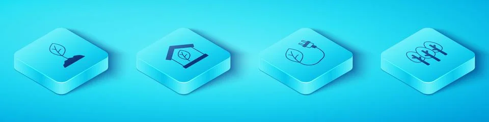Set Isometric Sprout, Eco friendly house, Tree and Electric saving plug in .. Ilustración de archivo