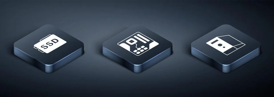 Set Isometric SSD card, Case of computer and Motherboard digital chip icon Stock Illustration