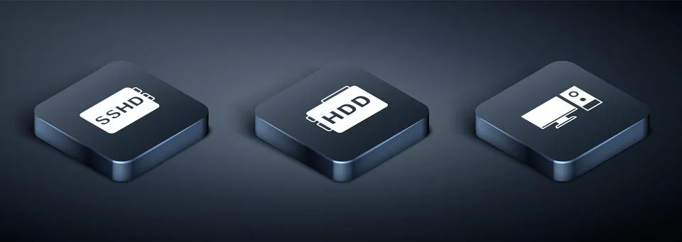 Set Isometric SSHD card, Computer monitor and Hard disk drive HDD icon. Vector Stockillustratie