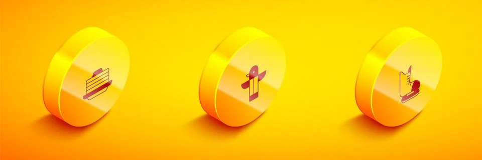 Set Isometric Stack of pancakes, Canadian totem pole and Skates icon. Vector Illustrazione stock