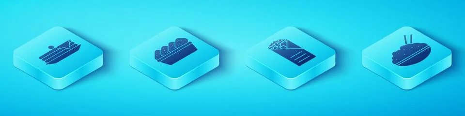 Set Isometric Stack of pancakes, Chicken nuggets in box, Rice in a bowl with Illustrazione stock