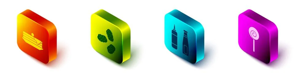 Set Isometric Stack of pancakes, Chicken nuggets, Sauce bottle and Lollipop icon 库存插图