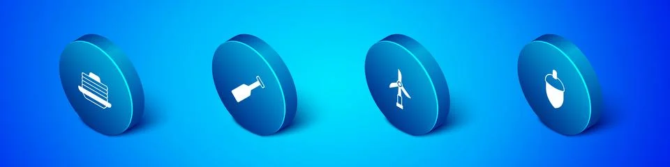 Set Isometric Stack of pancakes, Wind turbine, Acorn and Paddle icon. Vector 스톡 일러스트
