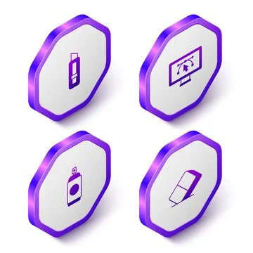 Set Isometric Stationery knife, Computer with design program, Paint spray c.. Stock Illustration