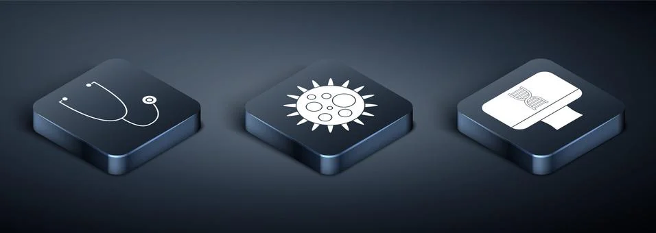 Set Isometric Stethoscope, DNA spiral and computer and Virus icon. Vector Illustrazione stock