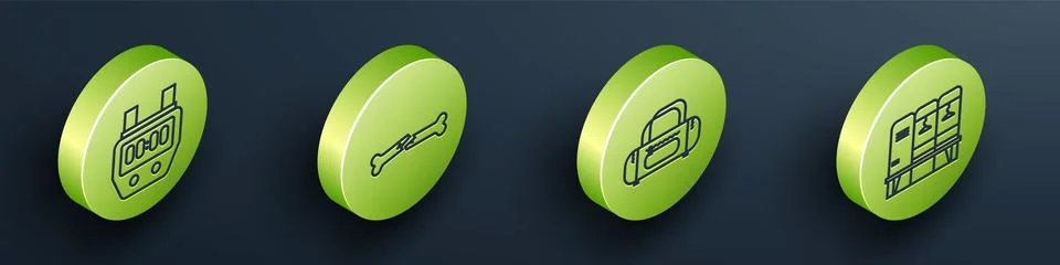 Set Isometric Stopwatch, Human broken bone, Sport bag and Locker or changing Stock Illustration