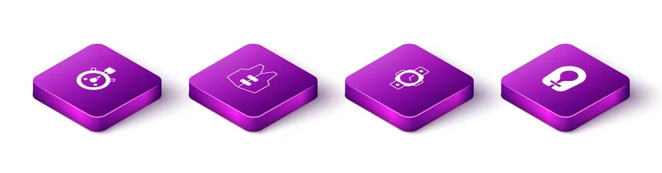 Set Isometric Stopwatch, Life jacket, Diving and icon. Vector 库存插图