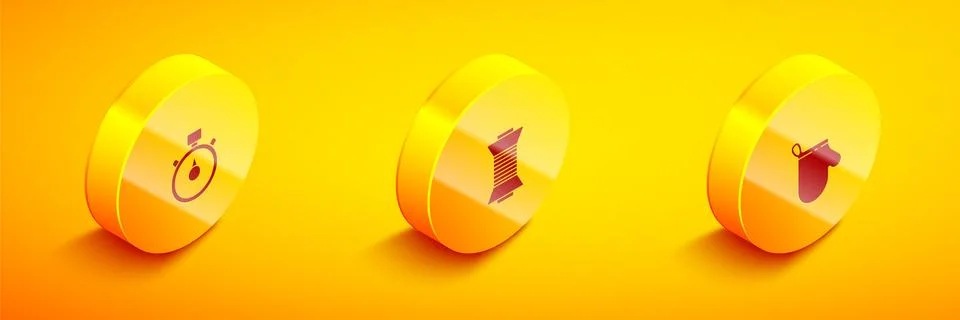 Set Isometric Stopwatch, Sewing thread on spool and Oven glove icon. Vector イラスト素材