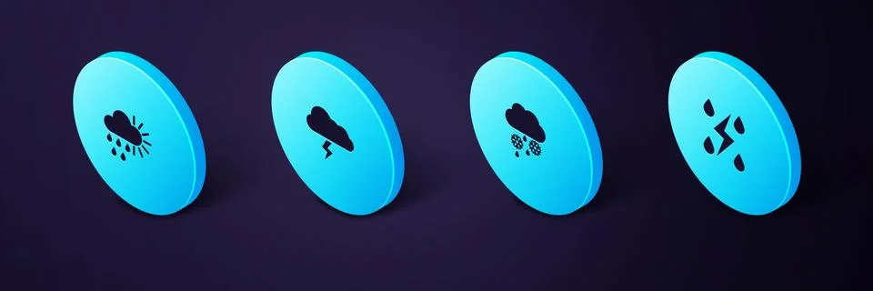 Set Isometric Storm, Cloud with snow and rain, and Cloudy sun icon. Vector Illustrazione stock