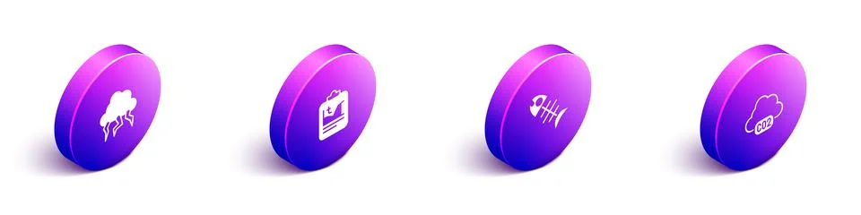 Set Isometric Storm, Global warming, Dead fish and CO2 emissions cloud icon Stock Illustration