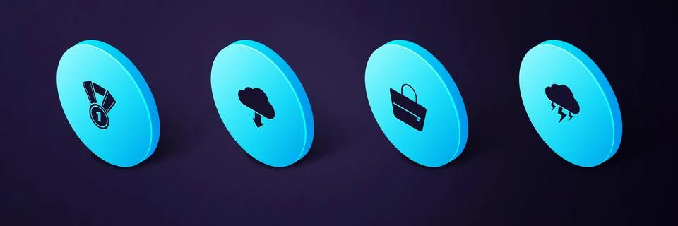 Set Isometric Storm, Handbag, Cloud download and Medal icon. Vector Illustrazione stock