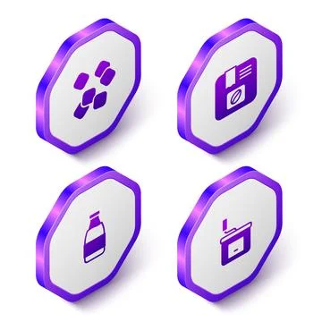 Set Isometric Sugar cubes, Bag of coffee beans, Milk bottle and Manual grinder Stock Illustration