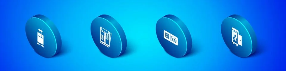 Set Isometric Suitcase, QR code ticket train, Toilet the car and News icon Illustrazione stock