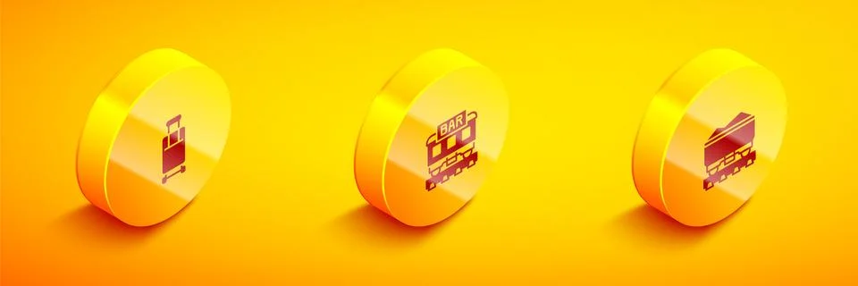 Set Isometric Suitcase, Restaurant train and Coal wagon icon. Vector Illustration