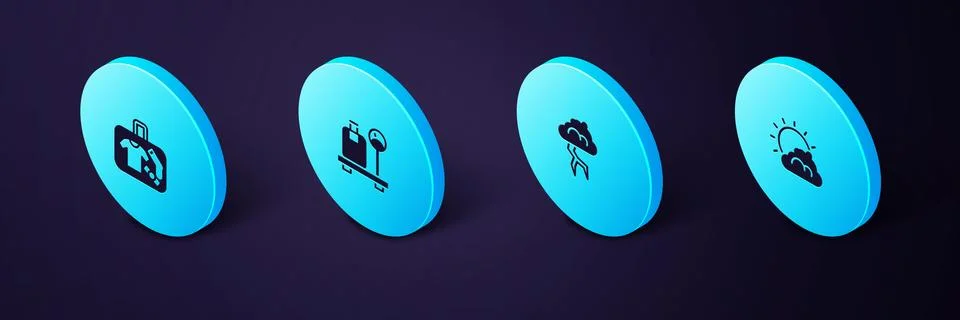 Set Isometric Sun and cloud weather, Storm, Scale with suitcase and Suitcase  Illustration
