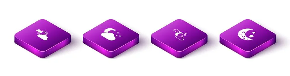 Set Isometric Sun and cloud weather, Cloud with moon stars, and Moon icon Ilustração Stock