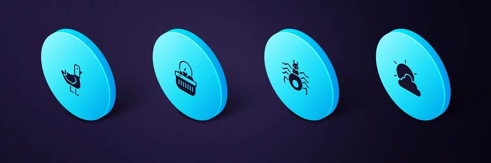 Set Isometric Sun and cloud weather, Spider, Basket food and Dove icon. Vecto Stock Illustration