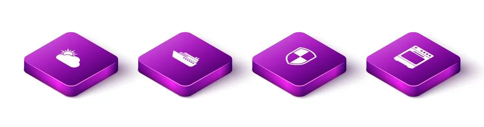 Set Isometric Sun and cloud weather, Ship, Shield and Oven icon. Vector Stock Illustration