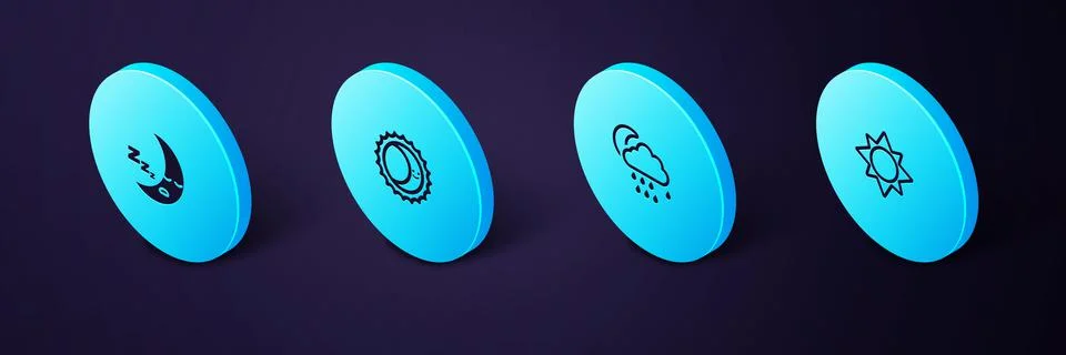 Set Isometric Sun, Cloud with rain and moon, Eclipse of the sun and Moon icon Ilustração Stock