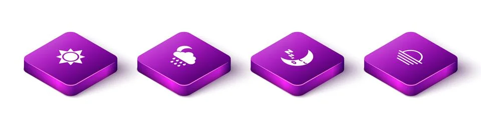 Set Isometric Sun, Cloud with rain and moon, Moon icon and Sunset icon. Vector Ilustração Stock