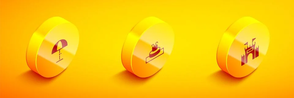 Set Isometric Sun protective umbrella, Fountain and Castle icon. Vector Stockillustratie