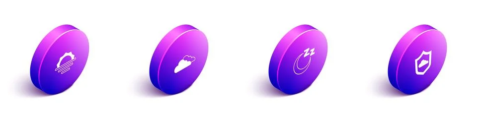 Set Isometric Sunrise, Cloud, Time to sleep and Weather forecast icon. Vector Stock Illustration
