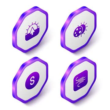 Set Isometric Sunrise, Eclipse of the sun, Compass south and Wind icon. Purple Stock Illustration