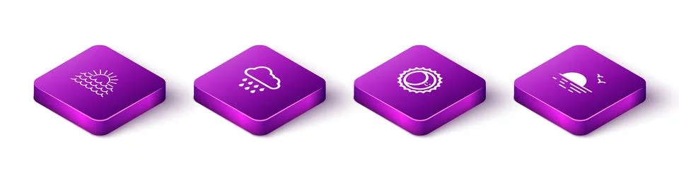Set Isometric Sunset, Cloud with rain, Eclipse of the sun and  icon. Vector Ilustração Stock