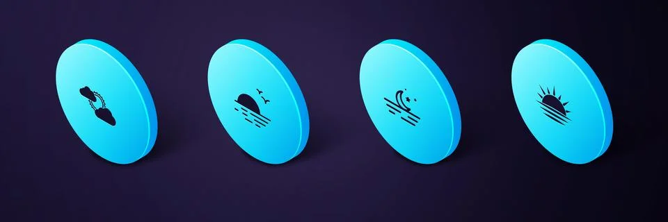 Set Isometric Sunset, Moon and stars,  and cloud weather icon. Vector Stock Illustration
