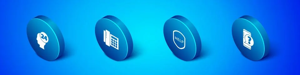 Set Isometric Support operator in touch, Shield with text Help, Mobile phone Stock Illustration