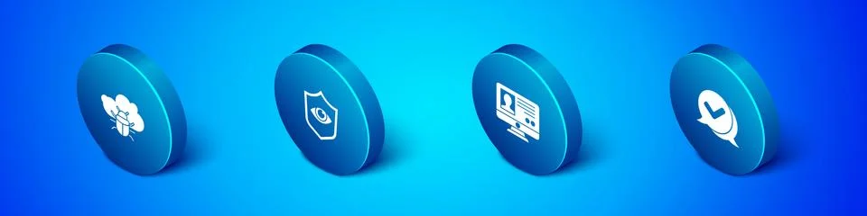 Set Isometric System bug on a cloud, Create account screen, Check mark in speech Illustrazione stock