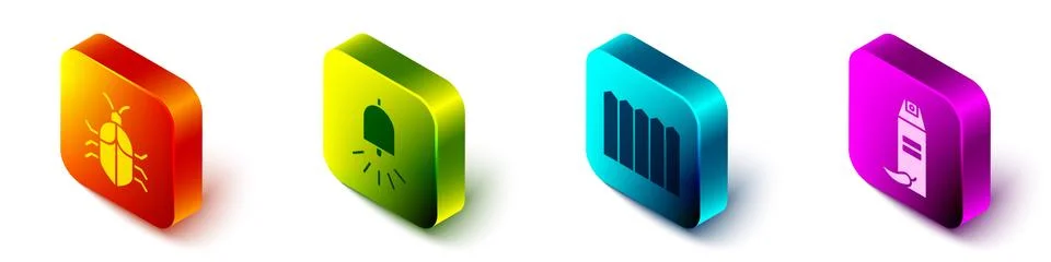 Set Isometric System bug concept, Ringing alarm bell, Garden fence wooden and Stock Illustration