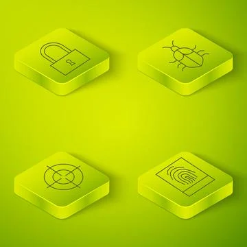 Set Isometric System bug concept, Target sport, Fingerprint and Lock icon Illustrazione stock