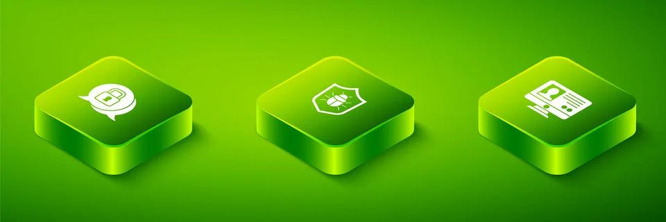 Set Isometric System bug, Create account screen and Cyber security icon. Vector Illustrazione stock