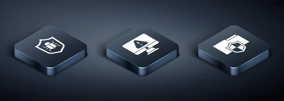 Set Isometric System bug, Document folder protection and Monitor with Illustrazione stock