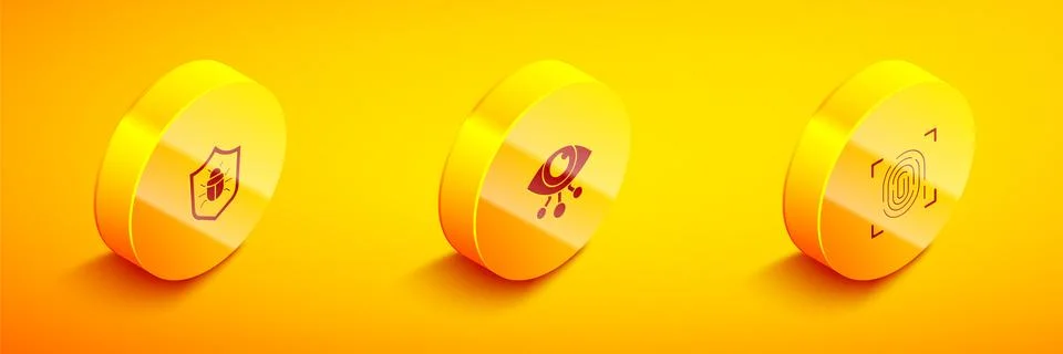 Set Isometric System bug, Eye scan and Fingerprint icon. Vector Stock Illustration