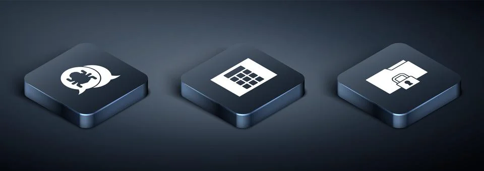Set Isometric System bug, Folder and lock and Password protection icon. Vector Illustrazione stock