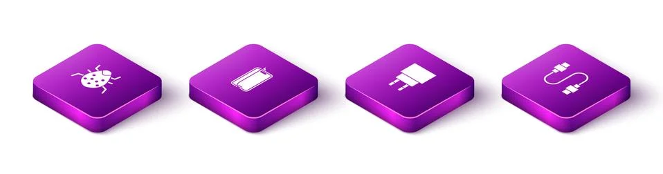 Set Isometric System bug, Glass screen protector, Charger and USB cable cord Stock Illustration
