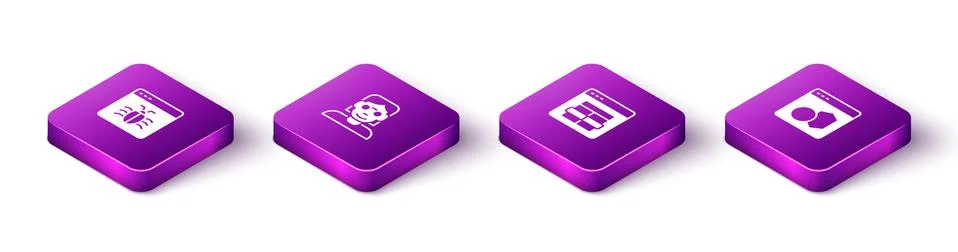 Set Isometric System bug, Hacker or coder, MySQL and Software icon. Vector Stock Illustration