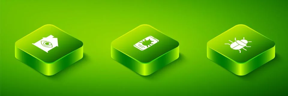Set Isometric System bug on mobile, and House with eye scan icon. Vector イラスト素材