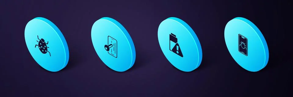 Set Isometric System bug on mobile, Smartphone battery charge, Glass screen Illustrazione stock