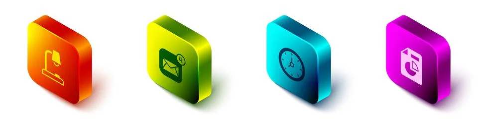Set Isometric Table lamp, Envelope, Clock and Document with graph chart icon Stock Illustration