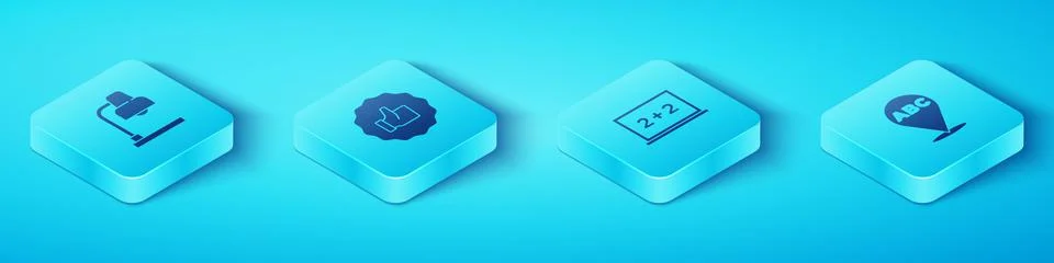Set Isometric Table lamp, Hand thumb up, Alphabet and Chalkboard icon. Vector Stock Illustration